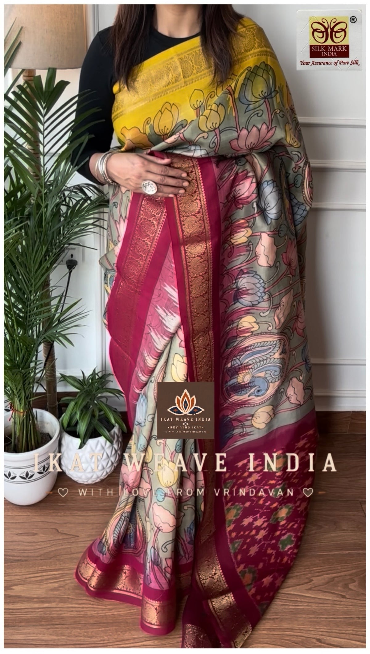 SIYALI• SILK IKAT X HANDPAINTED PENKALAMKARI