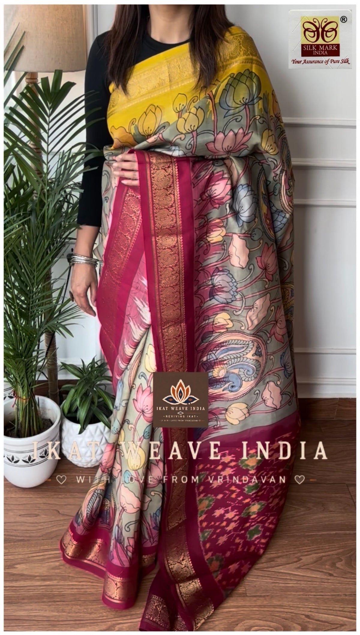 SIYALI• SILK IKAT X HANDPAINTED PENKALAMKARI